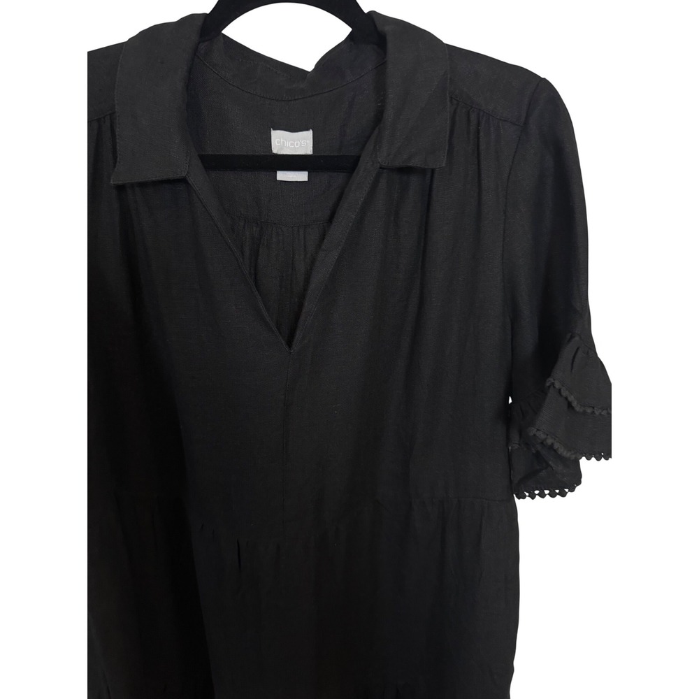 Chicos Black 100% Linen Tiered Maxi Dress Sz 1 US 8/10 Crochet Trim Short Sleeve - Picture 4 of 7